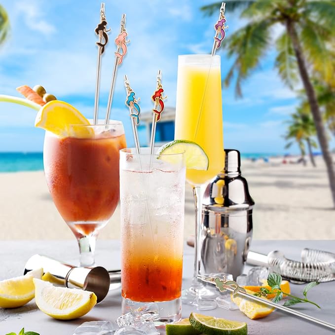 6 Pcs Cocktail Stirrers Swizzle Sticks Stainless Steel 7.5" Coffee Beverage Stir Sticks with Mermaid Charms Pendants for Mixing Cocktail