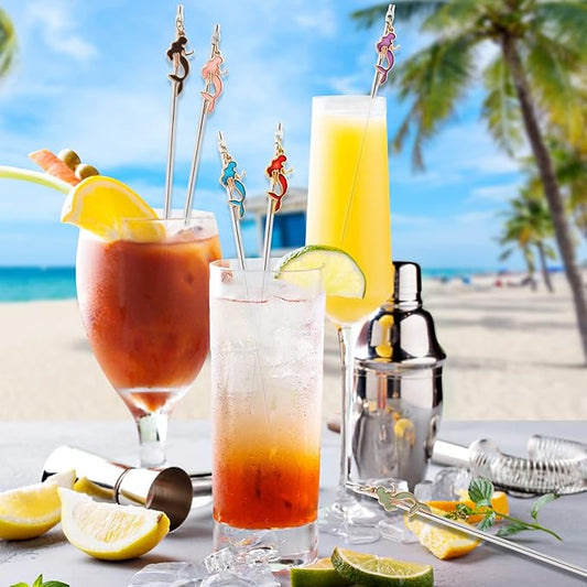 6 Pcs Cocktail Stirrers Swizzle Sticks Stainless Steel 7.5" Coffee Beverage Stir Sticks with Mermaid Charms Pendants for Mixing Cocktail