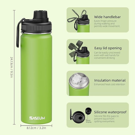 SASEUM Sport Water Bottle 22oz Stainless Steel Double Wall Vacuum Thermal Mug with Leak Proof Spout Lids, Wide Mouth Metal Insulated Water Jug for Gym and Travel（Apple Green）