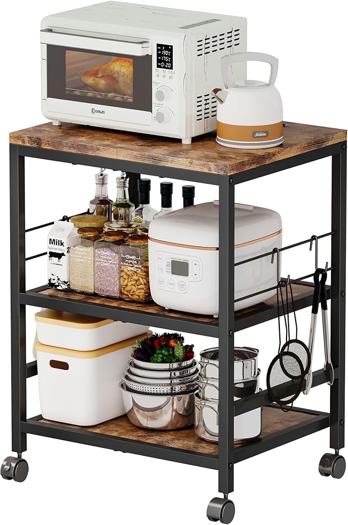 Homeiju 3-Tier Wooden Microwave Cart with Storage, 22.4''W Microwave Stand Coffee Cart Rolling Kitchen Utility Cart with Wheels, 5 Hooks, Rustic Brown and Black
