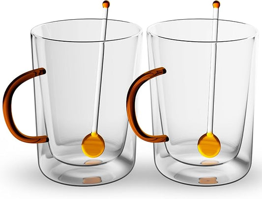 Elle Decor Double Wall Glass Coffee Mugs with Spoons | Set of 2 | Glass Cups with Colored Handles | Clear Coffee Mugs for Latte, Cappuccino, Espresso Coffee, Tea and Hot & Cold Beverages (Amber)