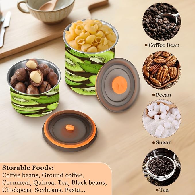 Qilmy Kiwi Fruit Air-Less Vacuum Coffee Storage Container-Airtight Stainless Steel Food Canister with Lid for Beans, Ground Coffee, Tea, Dry Goods, 17oz Kitchen Organizer Jar