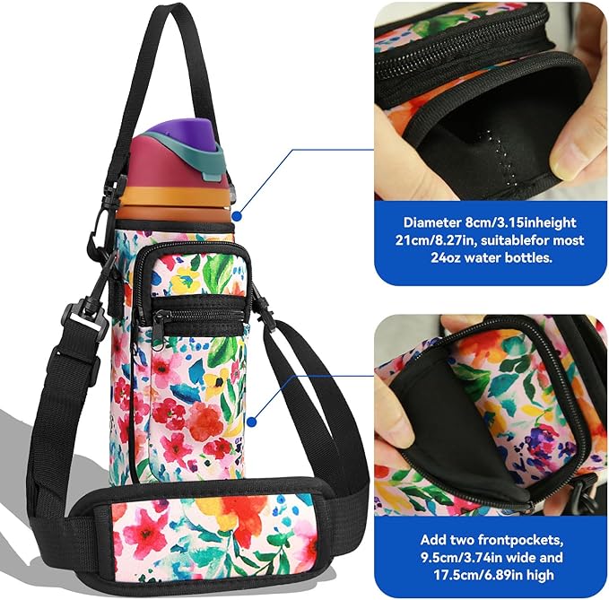 Neoprene Water Bottle Holder Bag with Cell Phone Pocket Compatible with Owala FreeSip 24 oz，Water Bottle Carrying Bag ，with Adjustable Shoulder Strap,for 24oz Stainless Steel Water Bottle