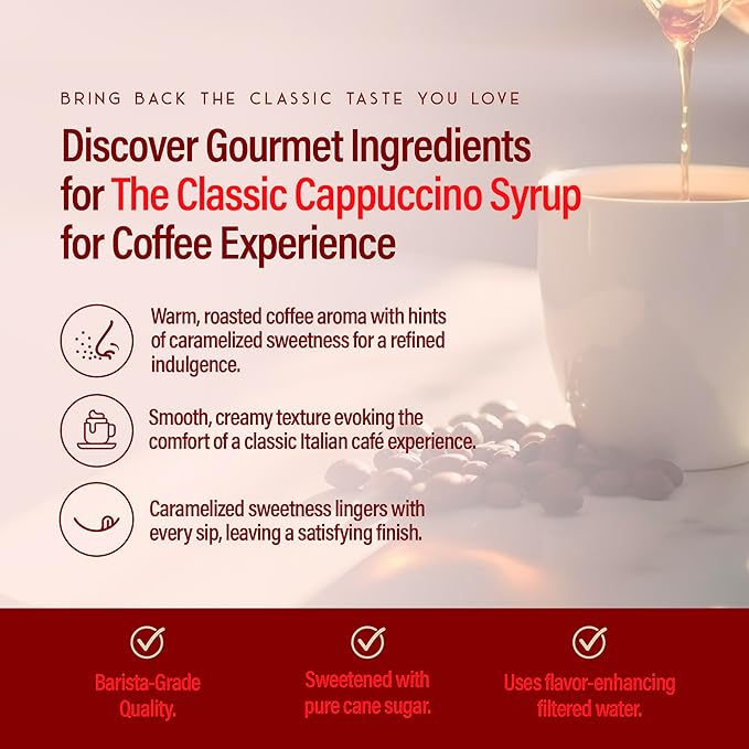 RIO Cappuccino Coffee Syrup for Hot or Iced Drinks and Desserts, Rich and Creamy Flavoring Sweetened with Pure Cane Sugar, Barista-Grade Flavor Syrups For Coffee Drinks at Home & Work - 700ml