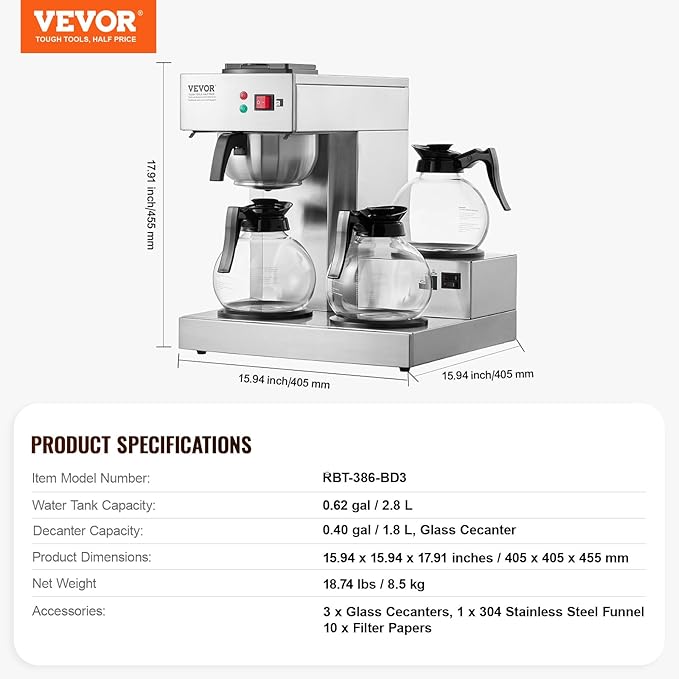 VEVOR 12 Cups Commercial Drip Coffee Maker, Coffee Maker Machine with 3 Glass Carafes and 3 Warmer Plates, Stainless Steel Pour Over Coffee Brewer for Restaurant, Office, Cafe