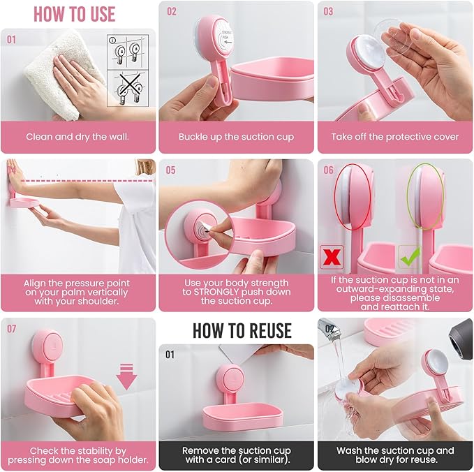 TAILI Soap Dish Bar Holder Suction Cup,Soap Saver with Powerful Vacuum Suction,Sponge Holder for Shower,Bathroom,Tub and Kitchen Sink, Universal Shower Accessories,Drill-Free,Removable,Pink