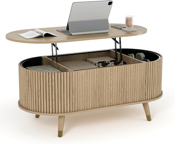 42.5" Oval Lift Top Coffee Table with Storage, Modern Oak Center Table with Fluted Design, Solid Wood Legs & Hidden Compartment, Pop Up Cocktail Table for Living Roomm