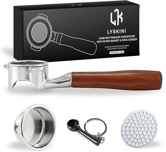 54mm Bottomless Portafilter Flat for Breville/Sage – Fits Barista Express, Pro, Touch, Bambino & Bambino Plus, Infuser – Rosewood Handle – Includes 18–21g Filter Basket & Puck Screen