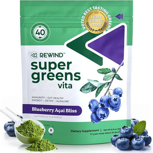 Rewind Best Tasting Super Greens Powder with 40+ Superfoods – Delicious Daily Green Powder with Vitamin B12, Zinc, Vitamin C, Magnesium & Calcium – Green Juice Superfood Mix - Blueberry Acai Flavor