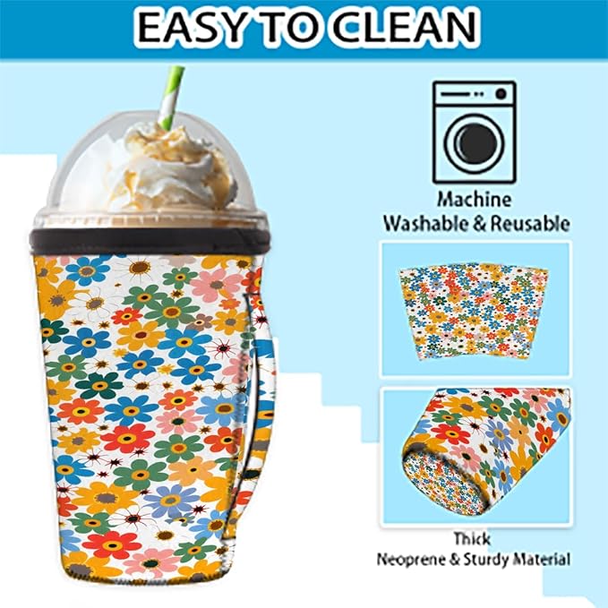 Reusable Iced Coffee Cup Sleeve Colorful Blooming Flowers Neoprene Insulated Sleeves Cup Holder with handle Idea for 30oz - 32oz