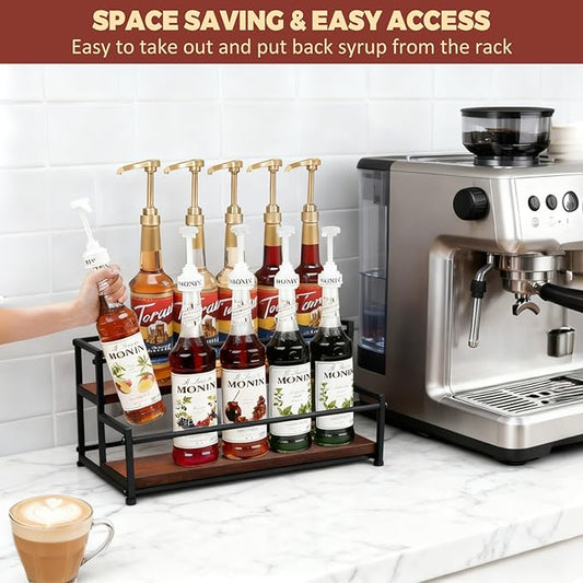 HRUSGO Coffee Syrup Rack Organizer - Metal Bottle Holder for 10 Bottles – Rustic Countertop Display Shelf for Coffee Bar, Kitchen Cabinet, Pantry Storage for Syrups, Liquor, Spice, Tea & Wine (2-Tier)