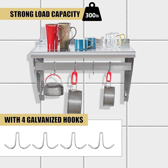 Hally Stainless Steel Shelf with 4 Hooks 18" x 24" Wall Mounted Pot Rack 300lb, NSF Commercial Floating Shelving for Storage Hanging Pots, Pans, cookware in Restaurant, Kitchen, Home and Hotel