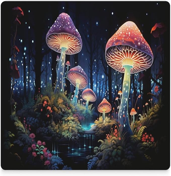 Botanical Drink Coasters, Square Ceramic Drink Coaster Square-6PCS, Fantasy Colorful Cartoon Style Abstract Mushroom Print Decor Absorbent Ceramic Coasters for Beverage Cup, Bar, Coffee Table