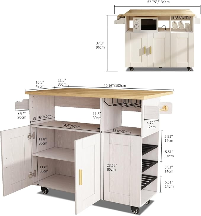 Rolling Mobile Kitchen Island with Storage and Drop Leaf, Island Table with Countertop Power Socket and Wheel (White, Model 1.2)