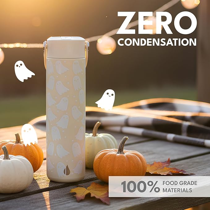 Elemental 24oz Insulated Water Bottle with Straw - 100% Leak-Proof Stainless Steel Core Water Bottles for Travel, Sports and Gym - Double Wall Insulation & BPA Free - Little Ghostie
