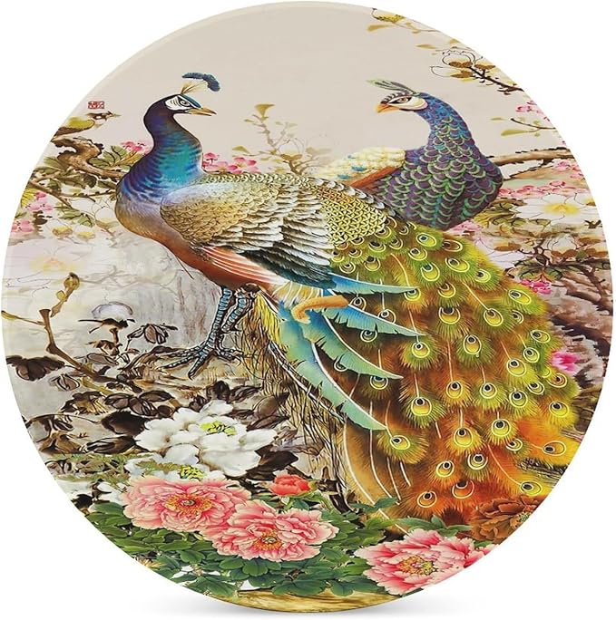 Peacock Drink Coasters, Round Ceramic Drink Coaster Round-4PCS, Vintage Tree Branch Beautiful Plant Floral Gold Peacock Decor Absorbent Ceramic Coasters for Beverage Cup, Bar, Coffee Table