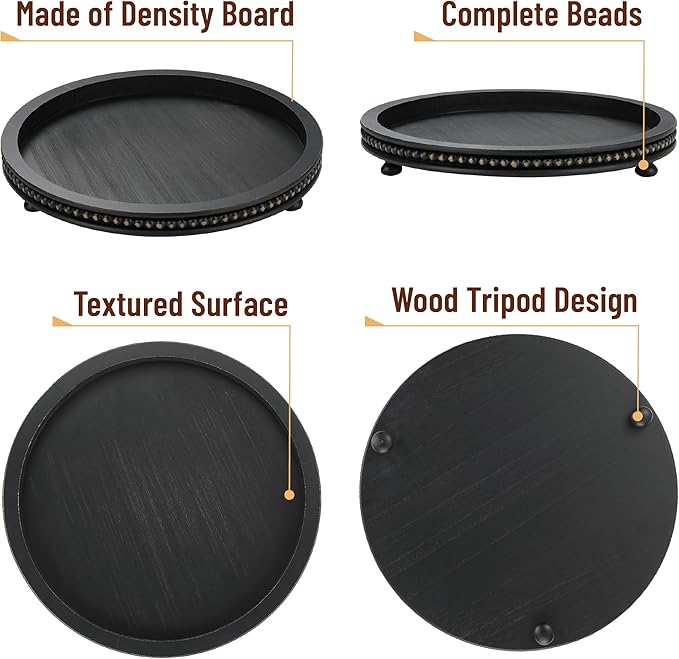 Bamboo Land- Round Decorative Trays for Coffee Table, 12", Black, Wood Tripod & Beaded Design, Wooden Round Tray for Coffee Table