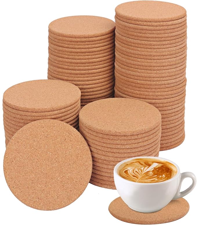100 Pack 4 Inch Round Cork Coasters, Absorbent Cork Coasters for Drinks, Crafts, DIY Projects Wine Glass, Mug, Coffee Cup, Plants and General Use KUKLIPJIM