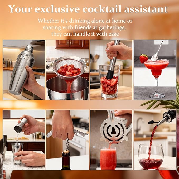 JUSTDOMI 26-Piece Cocktail Shaker Set with Stand Stainless Steel Bartender Kit, Bar Tool Set Bartender Accessories, Cocktails Kit with Muddler for Bar Accessories, Home, Party Cafe Drinks-Style2