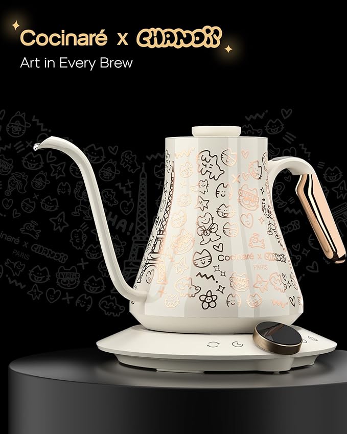 Cocinare Collab Collection Chanior White Gooseneck Electric Kettle, ±0.5℉ Precise Temperature Control for Pour-Over Coffee & Tea, Quick Heating 1500W, Stainless Steel Interior, 0.9L