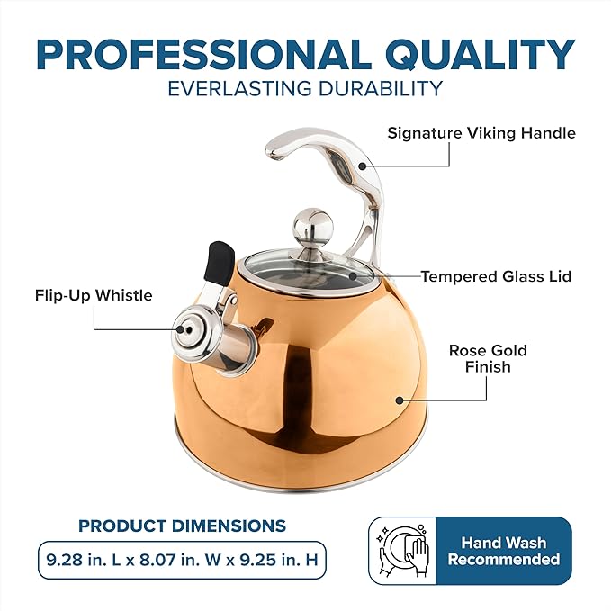 Viking 3-Ply Stainless Steel Tea Kettle, 2.6 Quart Stovetop Hot Water Pot with Tempered Glass Lid, Ergonomic Handle, Induction Ready, Rose Gold