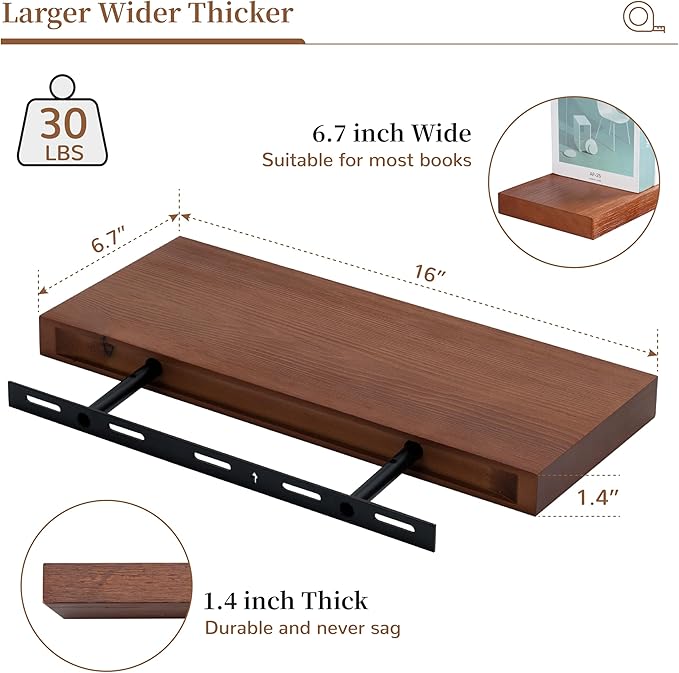 Marsmiles Wood Floating Shelves | Rustic Mahogany Wood Wall Shelves Set of 2 | 16" W x 6.7" D Wooden Floating Shelves for Bathroom Kitchen Living Room Bedroom