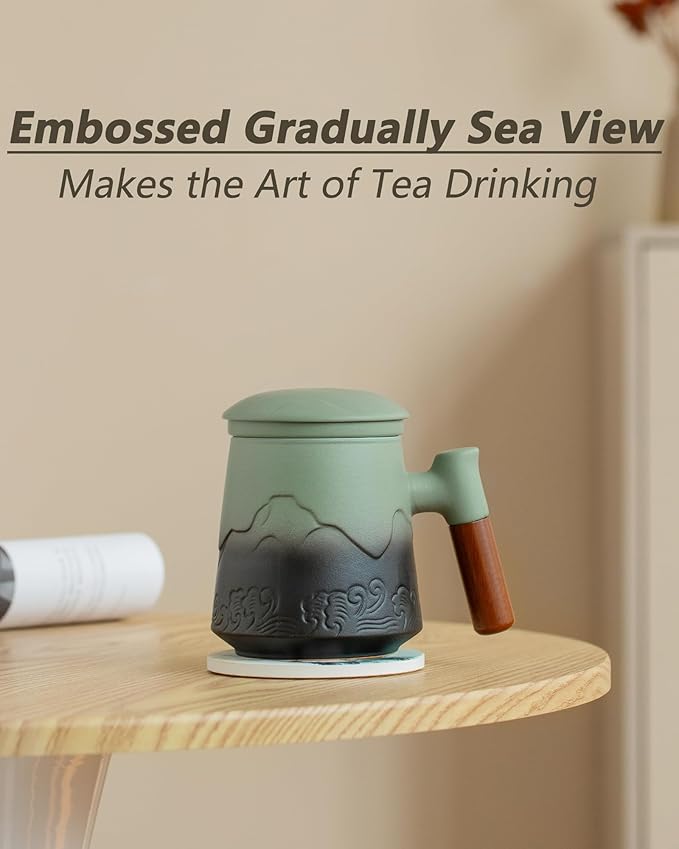 ZENS Tea Mug with Infuser and Lid for Loose Leaf Tea Steeper, 15.2oz Ceramic Tea Cup with Fine Tea Strainers and Absorb Coaster, Wood Handle Large Diffusers Mugs Tea Lovers Gifts