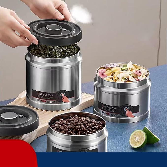 Vacuum Kitchen Seal Canister, Stainless Steel Pressed Airtight Food Storage Container, Flour/Coffee/Beans Tea/Grains/Sugar/Biscuits Metal Food Storage Canister, Tea Canisters(1600ML Stainless Steel)