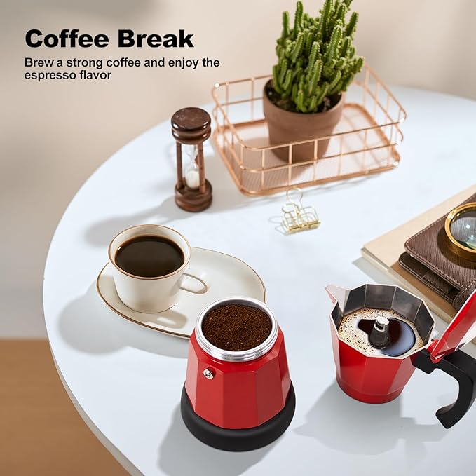 Vaolvpant Electric Aluminum Moka Pot 5-6 Cup 270ml Espresso Maker with Detachable Base Ideal Coffee Makers for Home MochaPot Italian and Cuban Café Coffeemaker Espressomaker CoffeePot Red