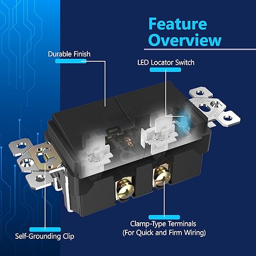 LIDER Minimalist Design Matte Finish Lighted Double Switch with Screwless Wall Plate, Combination Frameless Decorator Switch with Locator Light, Ground Terminal Single Pole, 15A 120V, UL Listed, Black