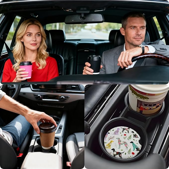 Car Cup Holder Coasters, 2 Pcs Ceramic Coasters with Finger Slot and Cork Back, Anti-Slip Shock Absorbing Women and Men Universal Car Accessories - Flower Dog