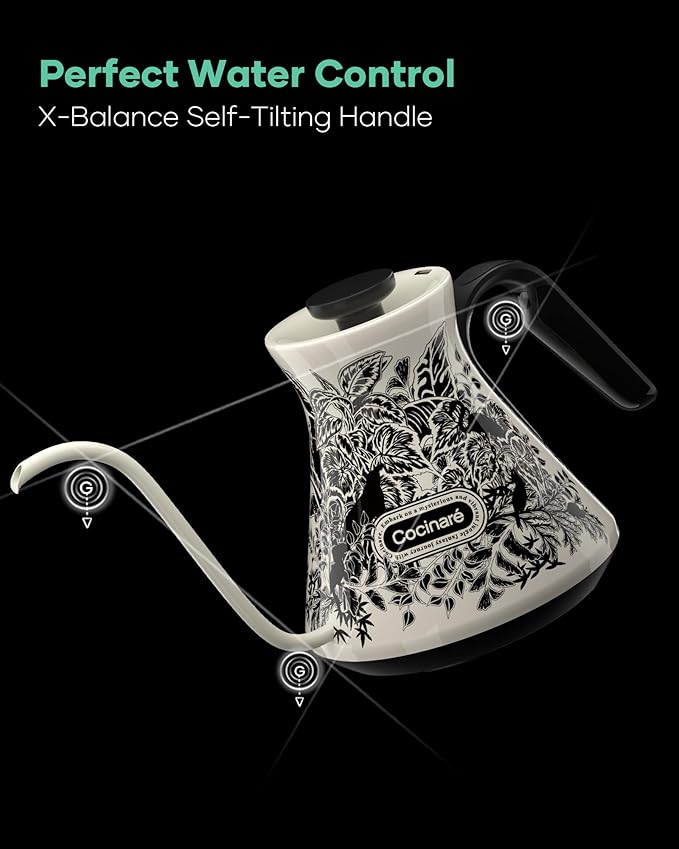 Cocinare Color-changing Collection Jungle Gooseneck Electric Kettle, ±0.5℉ Precise Temperature Control for Pour-Over Coffee & Tea, Quick Heating 1500W, Stainless Steel Interior, 0.9L