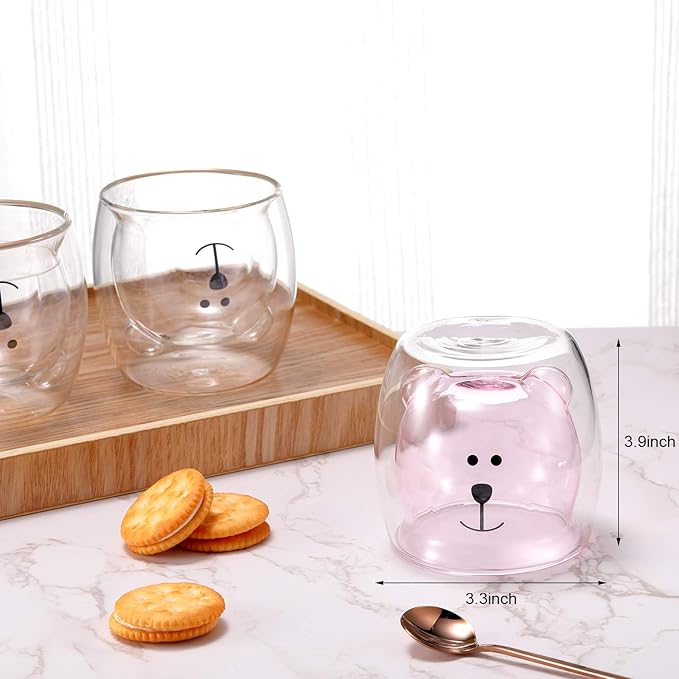 Patelai 2 Pcs Cute Bear Mugs Insulated Double Wall Glass Bear Cups for Christmas Birthday Gifts Animal Tea Milk Juice Chocolate Cappuccino Cups Home Glass Mugs for Baby Shower(White, Pink)