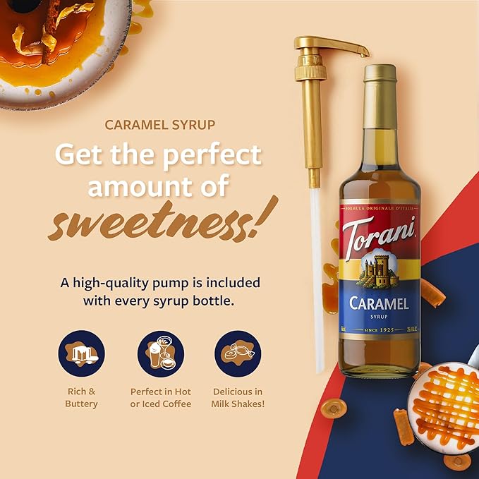 Torani Caramel Coffee Syrup for Drinks & Desserts, Glass Bottle with Pump Included, 25.4 Fl Oz