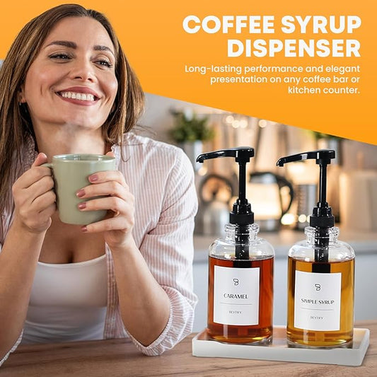 BEYTIFY Glass Coffee Syrup Dispenser Set | Glass Syrup Bottles with Pump Tops & 12 Labels | Refillable Leak-Proof Dispensers for Coffee Bar, Vanilla Caramel Hazelnut Syrups | Clear Glass, 2 Pack (16.9oz/500ml)