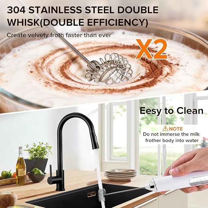Milk Frother Handheld, 3-Speed Frother Wand USB-C Rechargeable, with 3 Detachable Whisks, Coffee Frother for Coffee,Latte, Cappuccino, Matcha, Hot Chocolate & Eggs, Electric Whisk Drink Mixer (White)