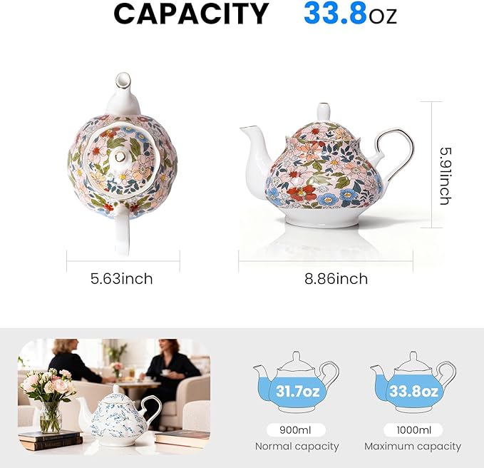 33.8 oz Porcelain Tea Pot Luxury Gold Trim Floral Ceramic Teapot Waterpot Tea Maker for Blooming Loose Leaf Tea Coffee Milk Chrismas Women Gift Housewarming Home Kitchen Décor (Vintage Pink)