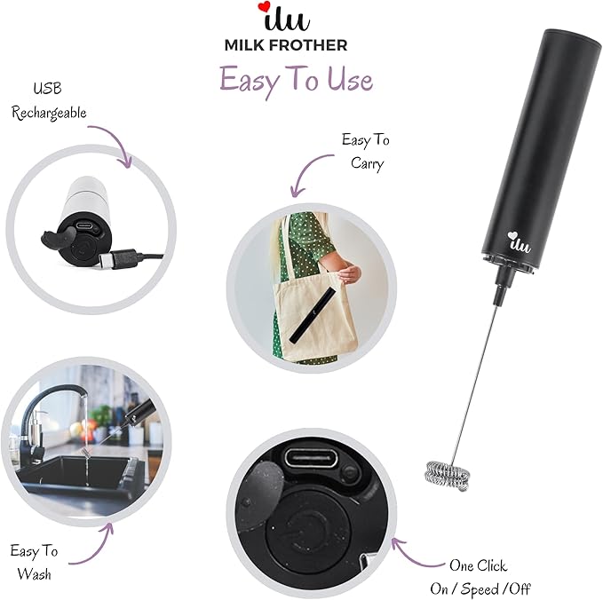 Rechargeable Milk Frother | Drink Mixer | Coffee Frother Handheld with USB-C Charging, stainless steel body, foam, stirrer for Milk, Coffee, matcha, cappuccino, latte, egg [BLACK]