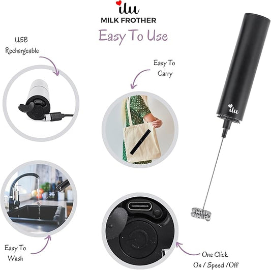 Rechargeable Milk Frother | Drink Mixer | Coffee Frother Handheld with USB-C Charging, stainless steel body, foam, stirrer for Milk, Coffee, matcha, cappuccino, latte, egg [BLACK]