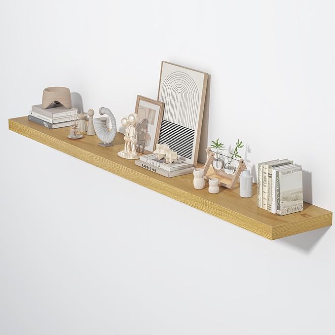 Floating Shelves for Wall, 72"W x 9.3"D x 1.5"H, Long Wooden Wall Mounted Display Shelves with Invisible Brackets for Living Room, Bedroom, Bathroom, Kitchen Decor and Storage, Set of 1, Oak