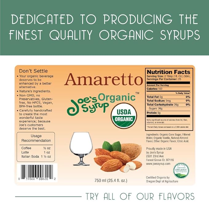 Joe’s Syrup Organic Flavored Syrup, Organic Amaretto, 750 ml