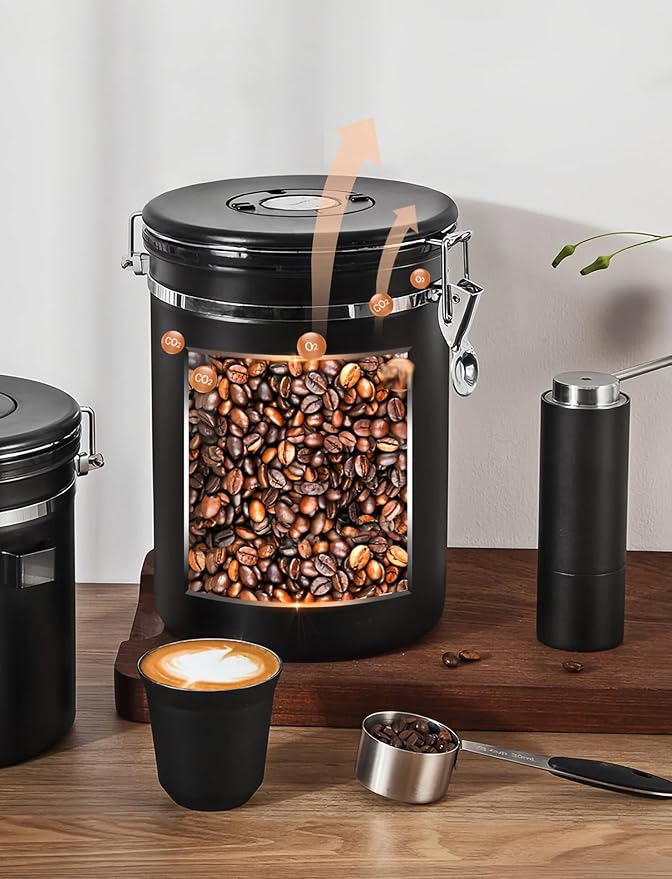 Coffee Airtight Canister, 60 fl oz Black Stainless Steel, Pantry & Storage for Coffee Beans, Rice, Tea, Sugar, Cereal, Flour