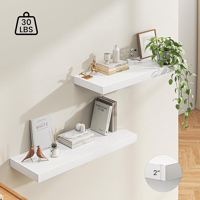 Dreamland 40" Floating Shelves for Wall, 12" Deep Thicker White Floating Shelves, Wall-Mounted Shelves for Bedroom, Living Room, Kitchen, Bathroom - Set of 2
