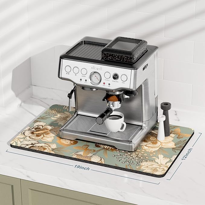 Rnivvi Coffee Mat, 12" x 19" Cute Coffee Bar Mats for Espresso Machine Station Accessories and Organizer, Hide Stain Rubber Backed Absorbent Dish Drying Pad for Kitchen Counter, Retro Flower