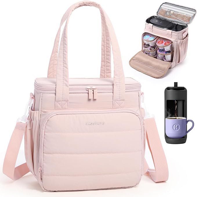 BAGSPRITE Coffee Maker Travel Bag Compatible with Keurig K-Mini Mate, Carrying Case for K-Cup Single Serve Coffee Maker, Portable Coffee Maker Case with Pod Organizer, Mug Pockets & Shoulder Strap