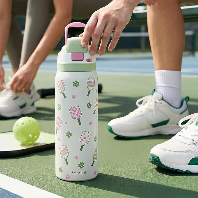 Pickleball Stainless Steel Water Bottle, Vacuum Insulated, Push-Button Lid, 32 oz, Gifts for Women Girls Friends Teens Birthday Christmas