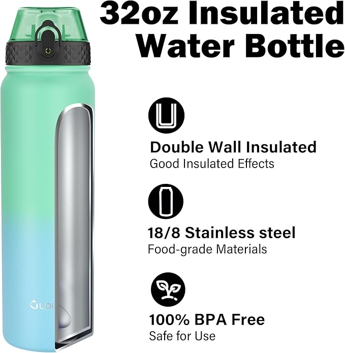 Oldley Insulated Water Bottle 32oz Water Bottles with Straw, Stainless Steel Water Bottle with 3 Lids, Double Wall Vacuum Bottels for Adults School Kids,Leak-Proof Sport Bottles, Leaf Green -Blue