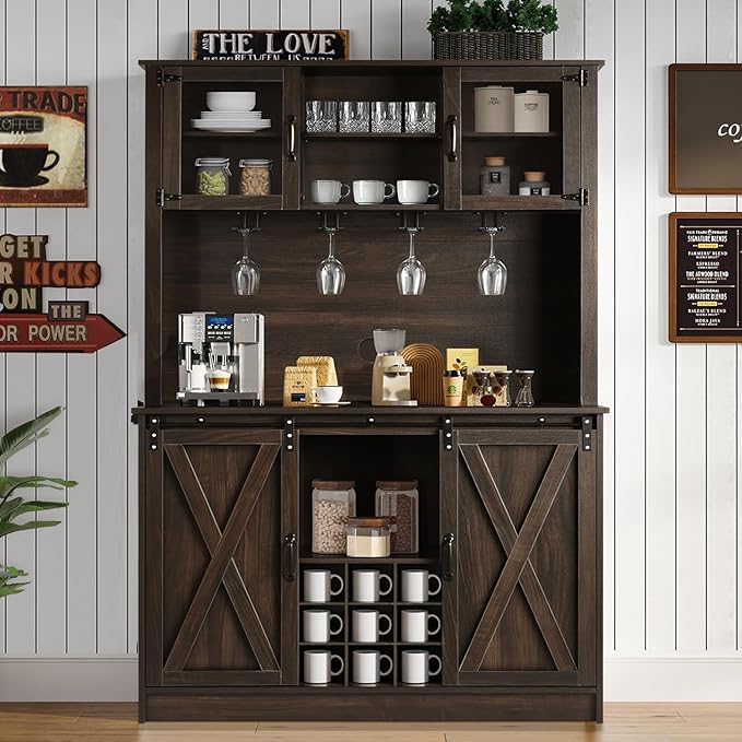 4ever2buy Farmhouse Coffee Bar Cabinet with 4 Mug Hooks, 72 Inch Wine Bar with with Hutch and 2 Sliding Barn Doors, Tall Coffee Bar with 9 Wine Racks for Living Dining Room, Dark Oak
