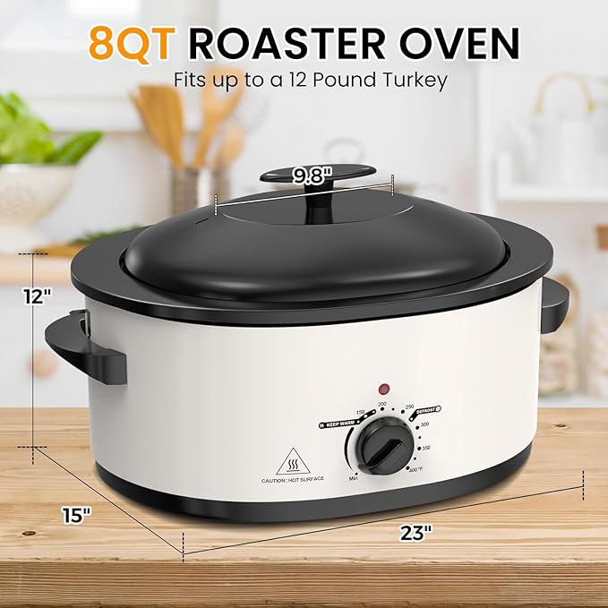 8 QT Electric Roaster Oven with Self-Basting Lid, Turkey Roaster Oven with Defrost Warm Function, Removable Pan and Rack, Stainless Steel White