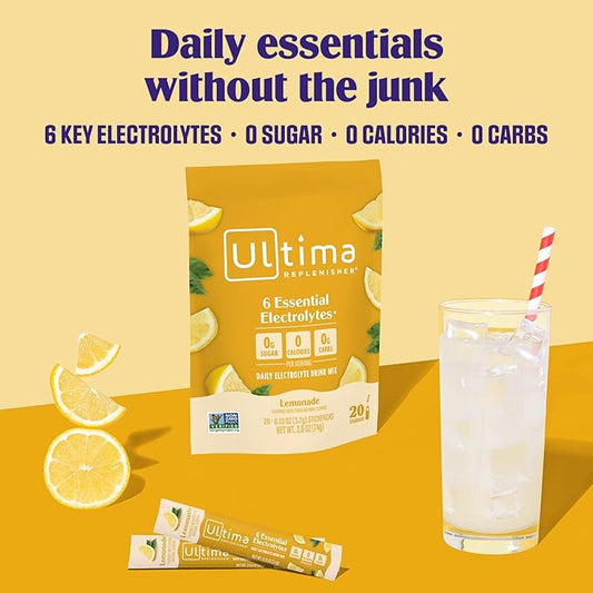 Ultima Replenisher Daily Electrolyte Powder – Lemonade, 20 Stickpacks – Zero Sugar Hydration Packets with 6 Electrolytes and Minerals – Sugar Free, Plant Based & Keto Friendly Drink Mix